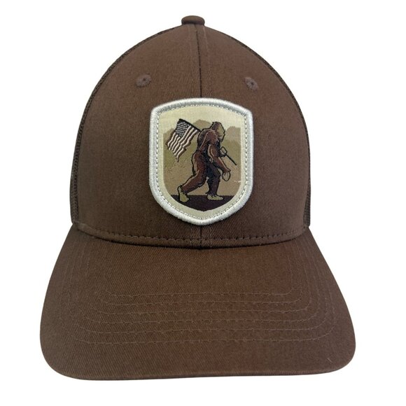 Brown Trucker Hat Bigfoot Patch American Flag Outdoor Cap Patriotic - Picture 1 of 6